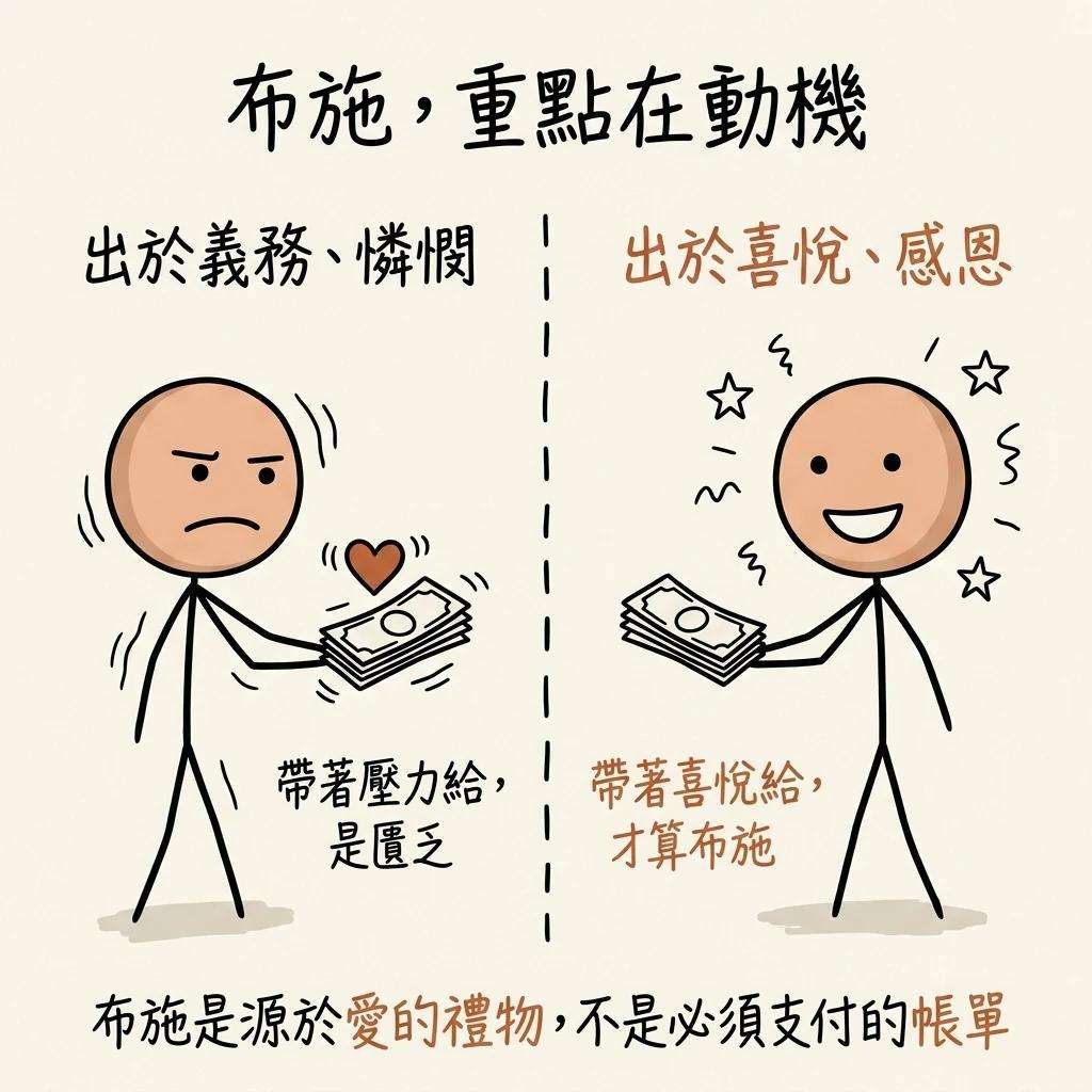 布施重點在動機:出於義務憐憫帶著壓力給是匱乏,出於喜悅感恩帶著喜悅給才算布施,布施是源於愛的禮物不是必須支付的帳單