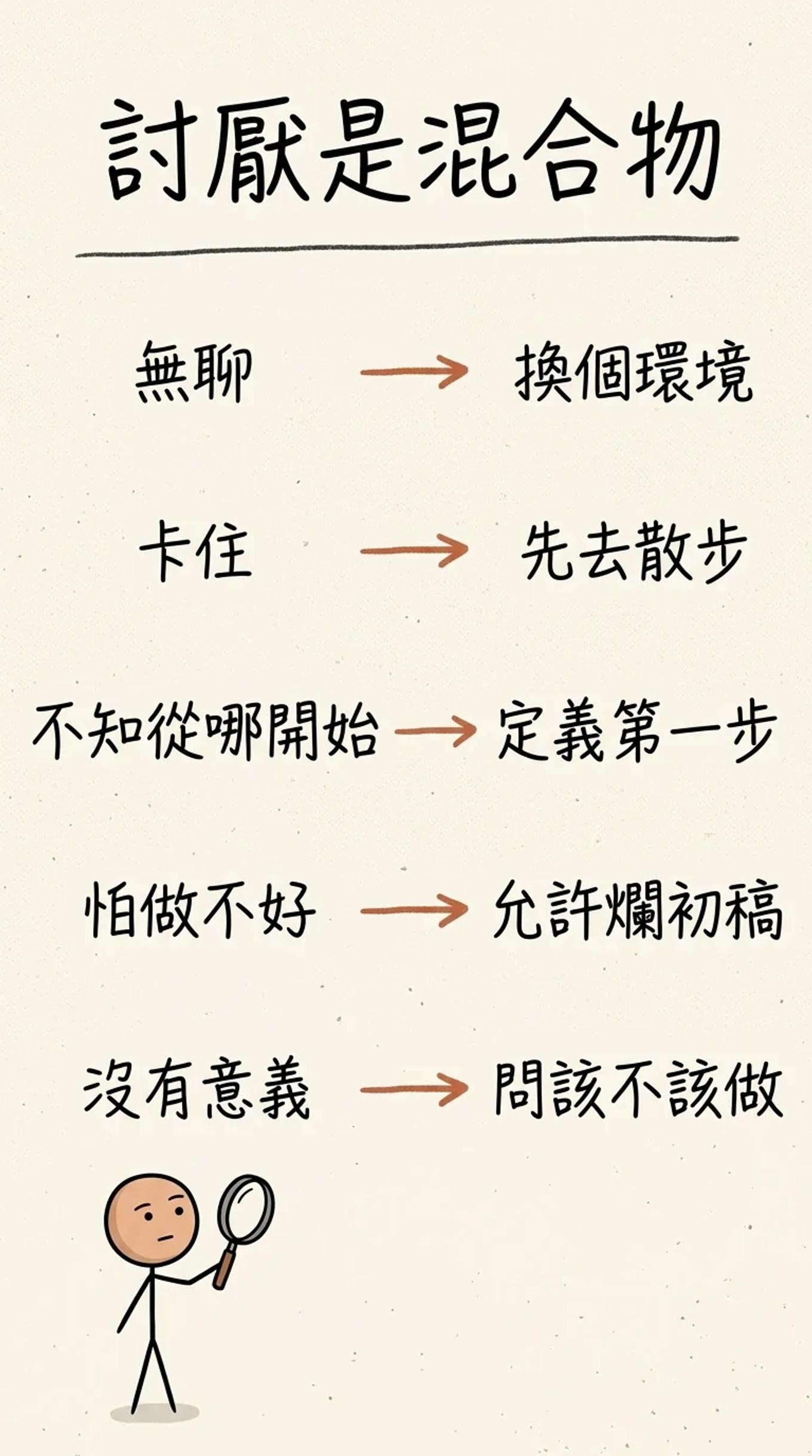 討厭是混合物：無聊換個環境、卡住先去散步、不知從哪開始定義第一步、怕做不好允許爛初稿、沒有意義問該不該做