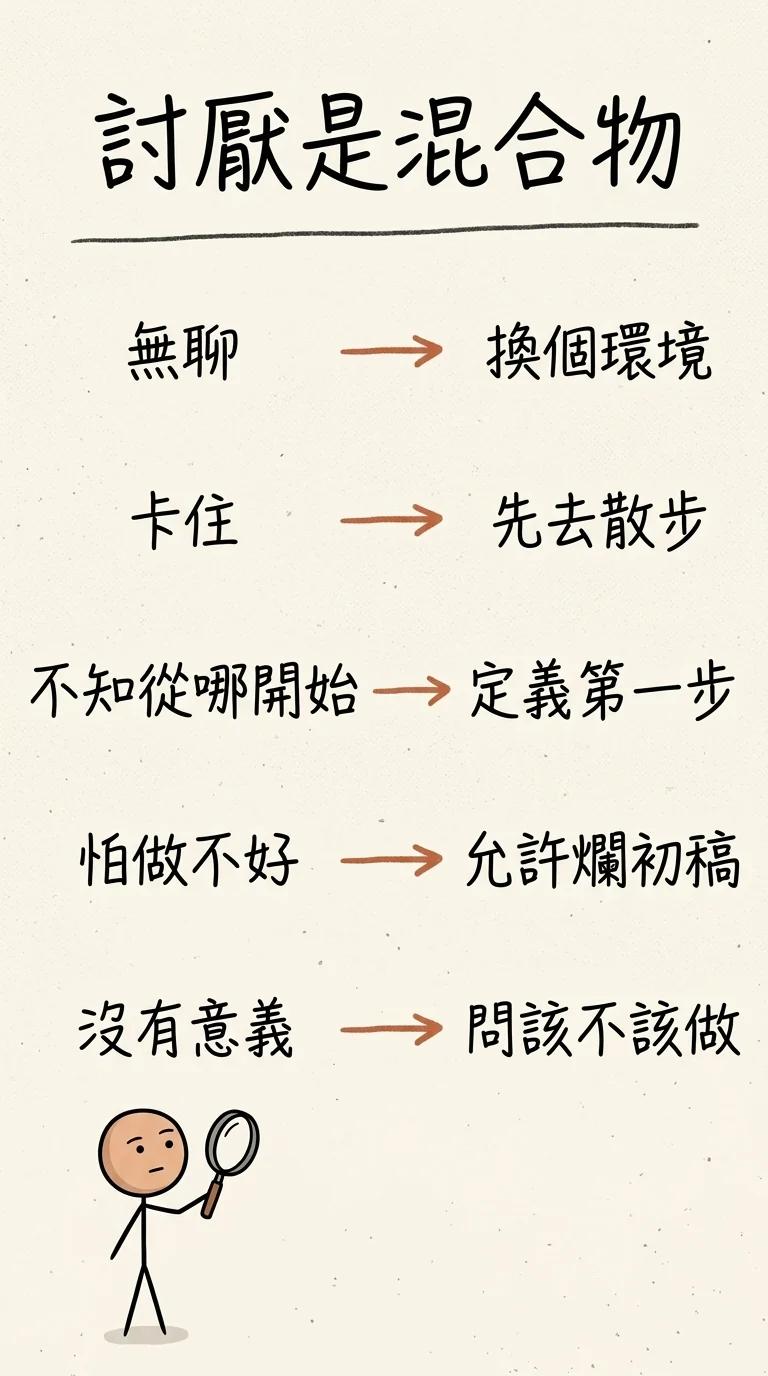 討厭是混合物:無聊換個環境、卡住先去散步、不知從哪開始定義第一步、怕做不好允許爛初稿、沒有意義問該不該做
