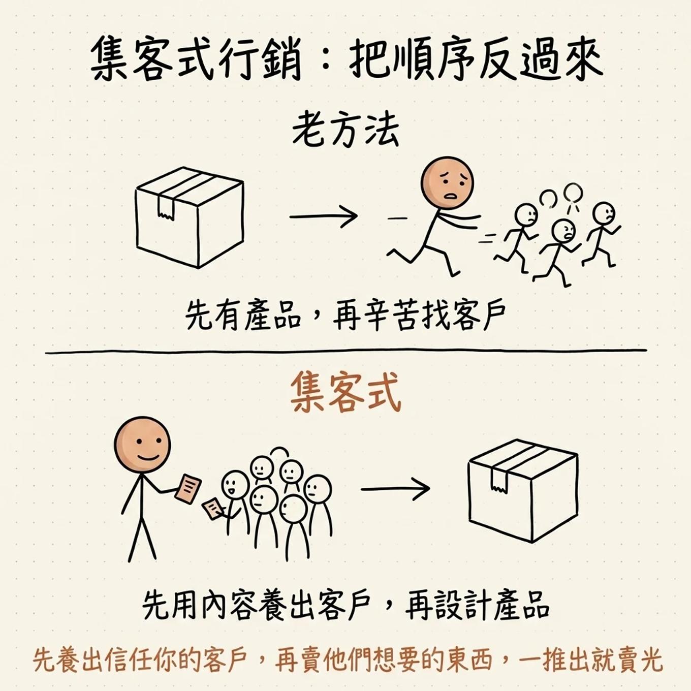 集客式行銷把順序反過來：老方法先有產品再辛苦找客戶，集客式先用內容養出客戶再設計產品，先養出信任你的客戶再賣他們想要的東西一推出就賣光