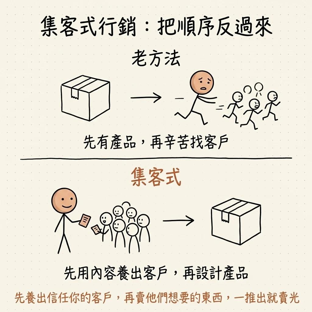 集客式行銷把順序反過來:老方法先有產品再辛苦找客戶,集客式先用內容養出客戶再設計產品,先養出信任你的客戶再賣他們想要的東西一推出就賣光