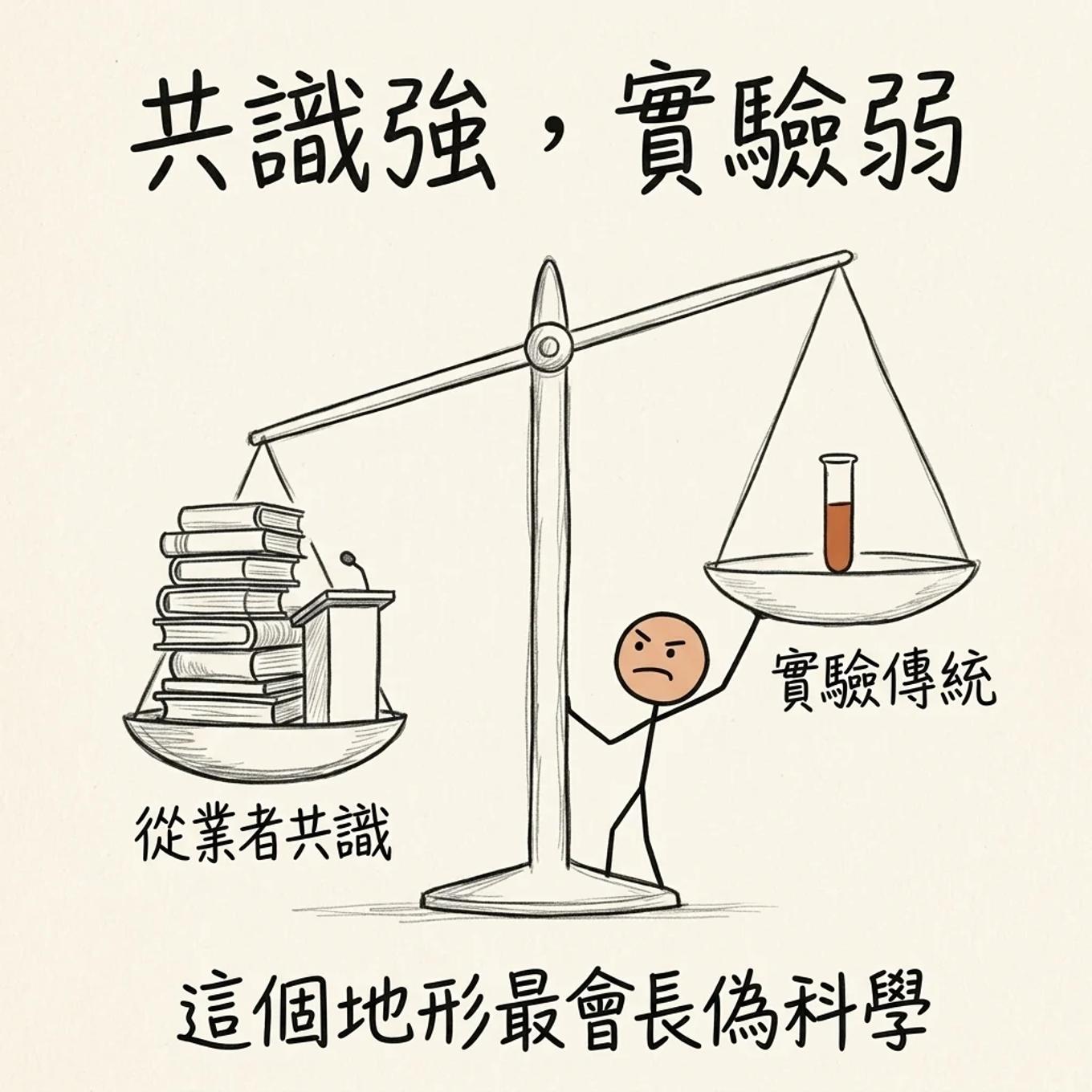 共識強、實驗弱：天平一端堆滿從業者的書與講台，另一端只有一支試管高高翹起，這個地形最會長偽科學