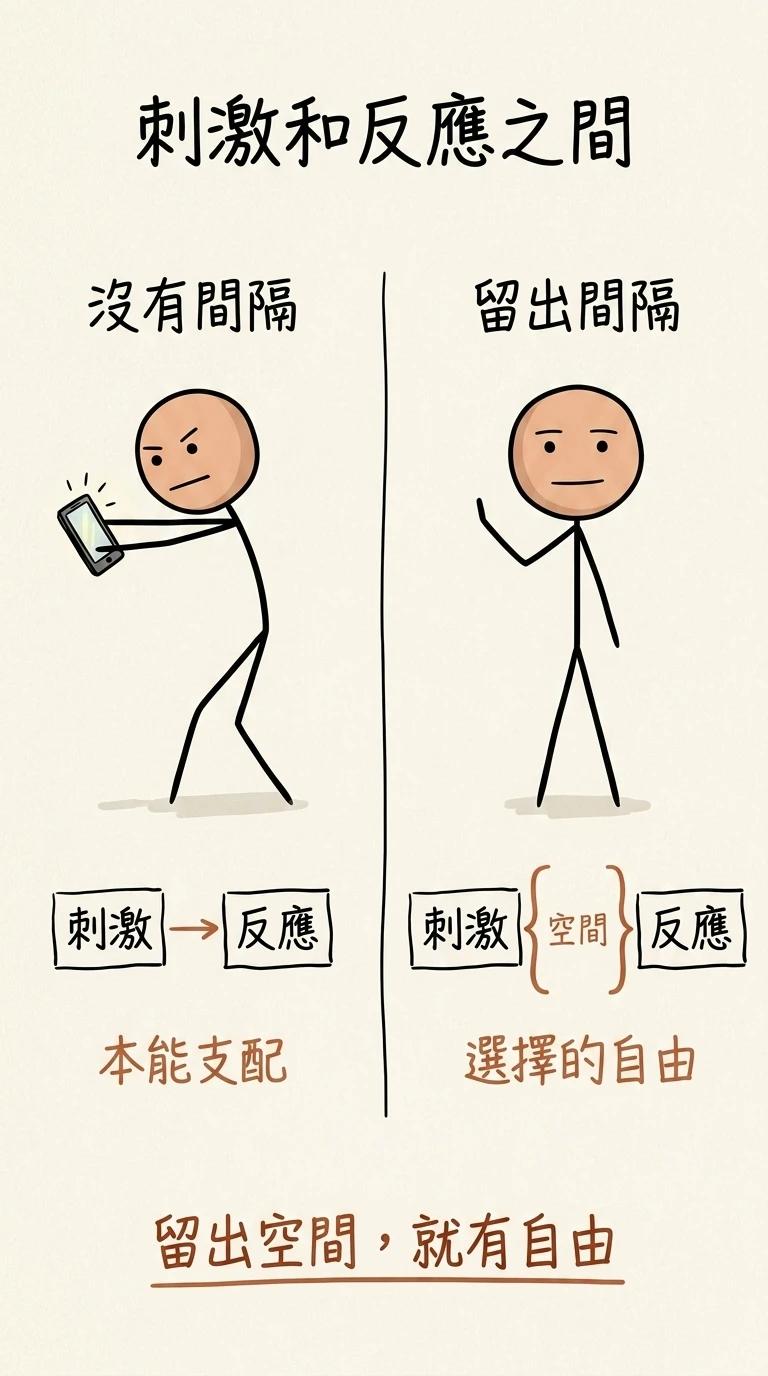 刺激和反應之間:沒有間隔時被手機拉著走、本能支配;留出間隔在刺激與反應之間撐出空間,就有選擇的自由