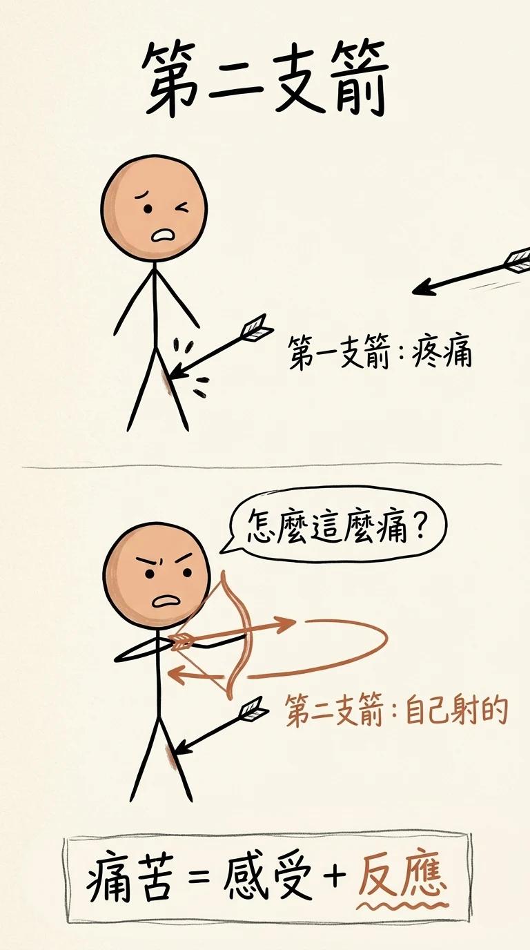 第二支箭:上方火柴人被外面飛來的第一支箭射中大腿,是真實的疼痛;下方同一個人拿起弓,把第二支箭射向自己,嘴裡說怎麼這麼痛;痛苦等於感受加反應