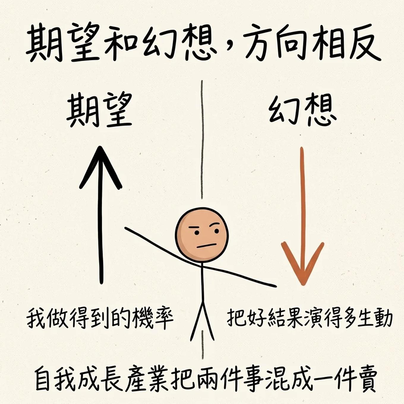 期望和幻想方向相反:期望是「我做得到的機率」,是正向預測因子;幻想是「把好結果演得多生動」,是負向預測因子