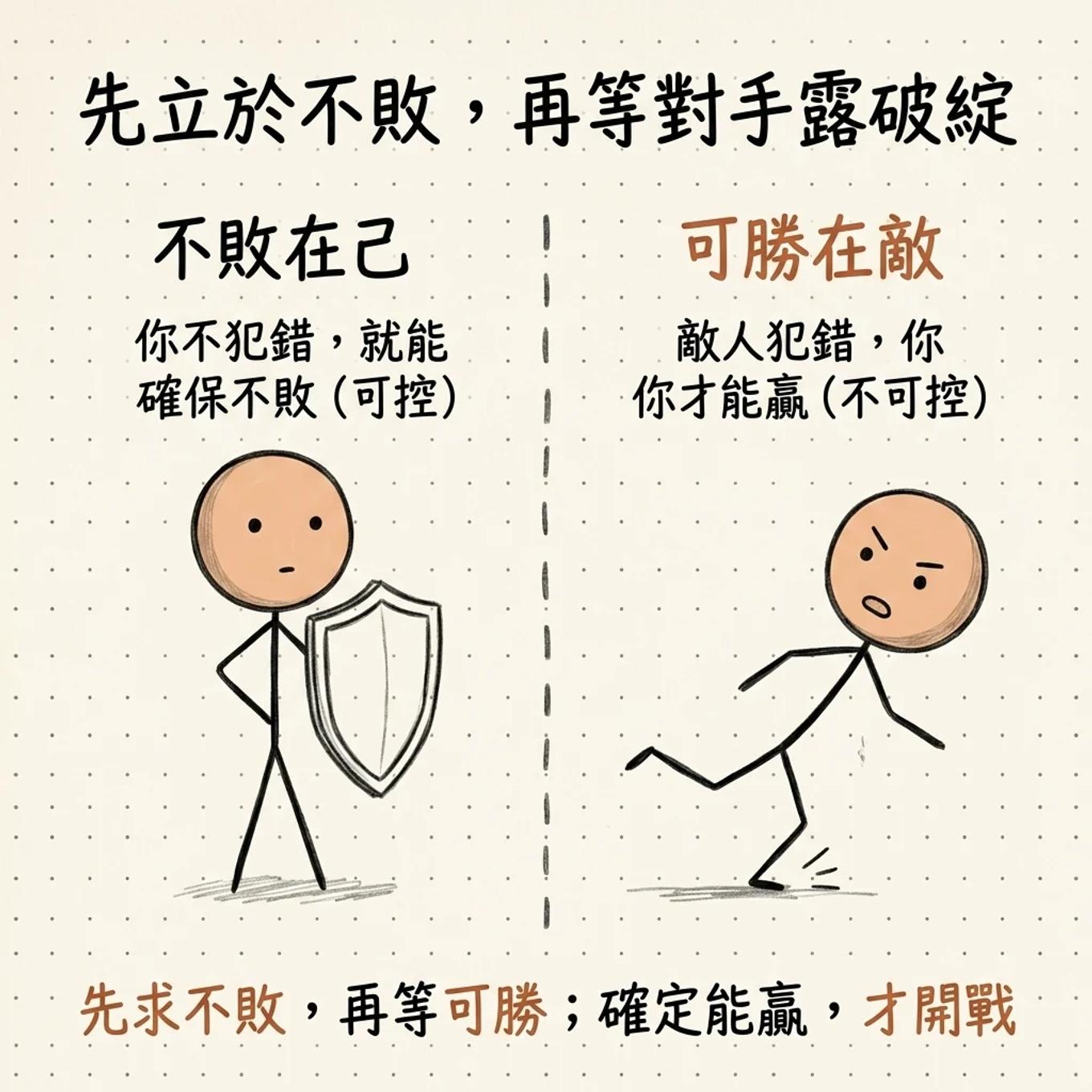 先立於不敗再等對手露破綻：不敗在己你不犯錯就能確保不敗是可控的，可勝在敵敵人犯錯你才能贏是不可控的，先求不敗再等可勝確定能贏才開戰