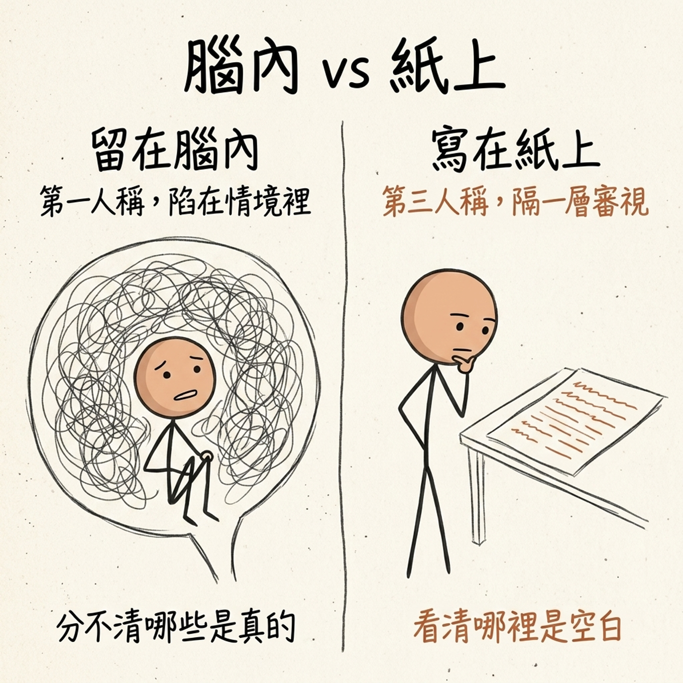 腦內 vs 紙上：想法留在腦內是第一人稱、被亂線困住，分不清哪些是真的；寫在紙上後隔一層、用第三人稱審視，看清哪裡是空白