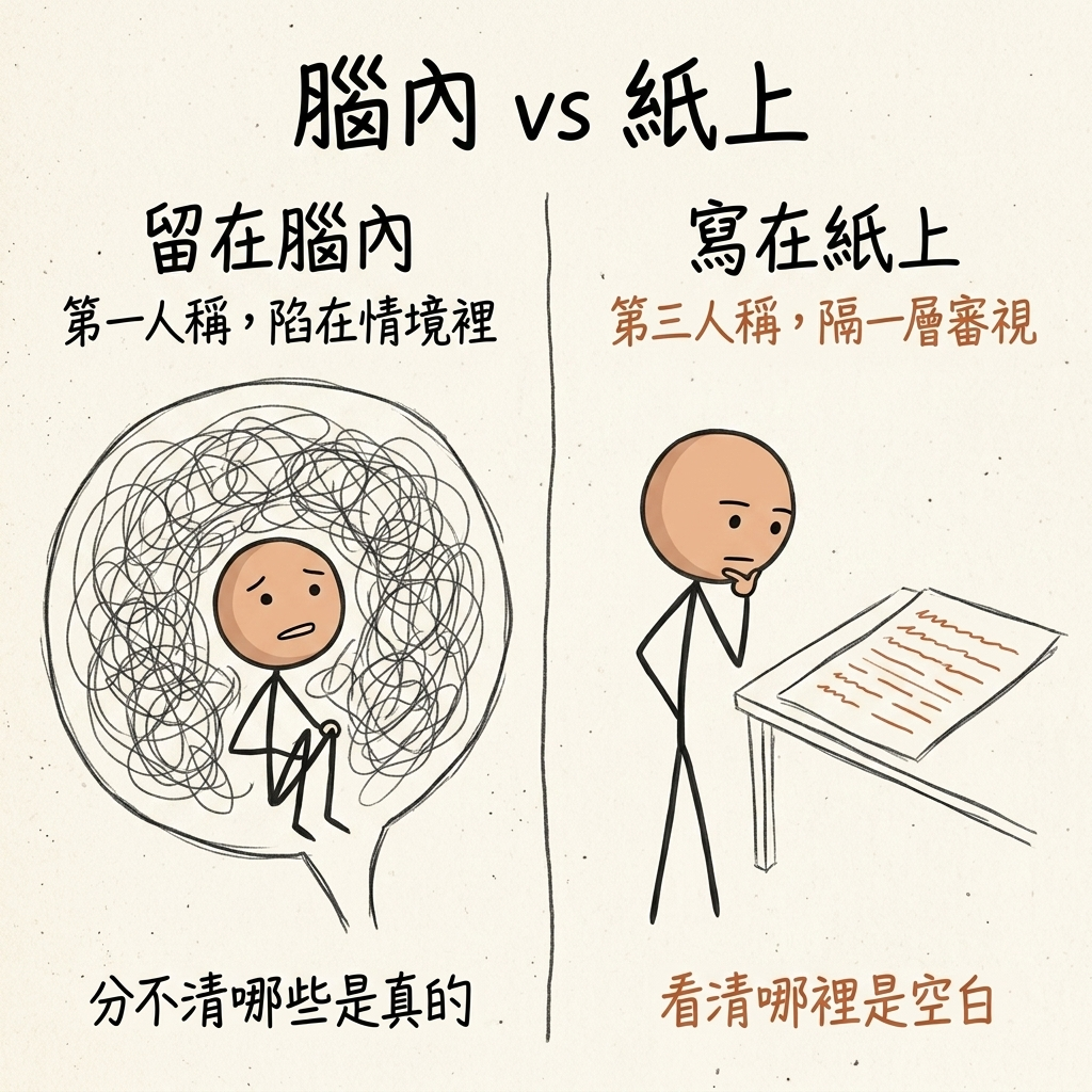 腦內 vs 紙上:想法留在腦內是第一人稱、被亂線困住,分不清哪些是真的;寫在紙上後隔一層、用第三人稱審視,看清哪裡是空白