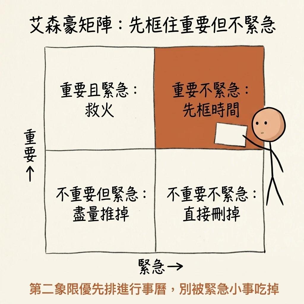 時間盒搭配艾森豪矩陣先框住重要但不緊急:重要且緊急救火重要不緊急先框時間不重要但緊急盡量推掉不重要不緊急直接刪掉,第二象限優先排進行事曆別被緊急小事吃掉