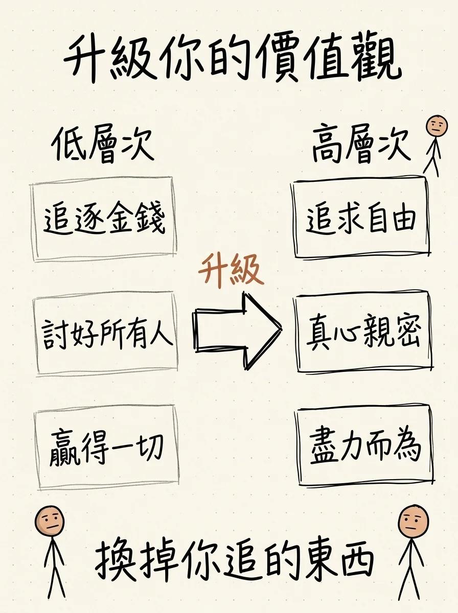 升級價值觀:把低層次價值(追逐金錢、討好所有人、贏得一切)替換成高層次價值(追求自由、真心親密、盡力而為)