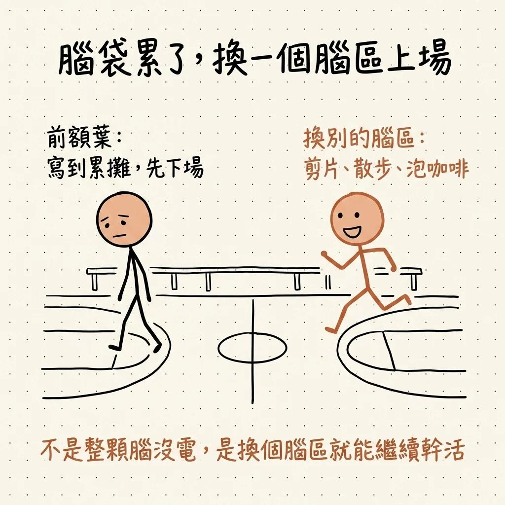 腦袋累了換一個腦區上場:前額葉寫到累攤先下場,換別的腦區去剪片散步泡咖啡,不是整顆腦沒電而是換個腦區就能繼續幹活
