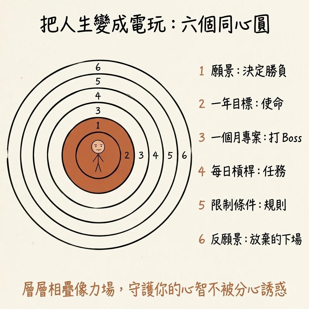 把人生變電玩的六個同心圓:由內而外是願景、一年目標、一個月專案、每日槓桿、限制條件、反願景,層層相疊像力場守護心智不被分心誘惑