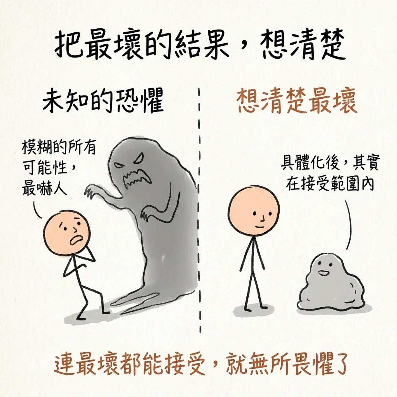 把最壞的結果想清楚：未知的恐懼是模糊的所有可能性最嚇人，想清楚最壞具體化後其實在接受範圍內，連最壞都能接受就無所畏懼了
