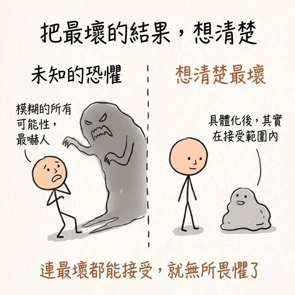 把最壞的結果想清楚:未知的恐懼是模糊的所有可能性最嚇人,想清楚最壞具體化後其實在接受範圍內,連最壞都能接受就無所畏懼了