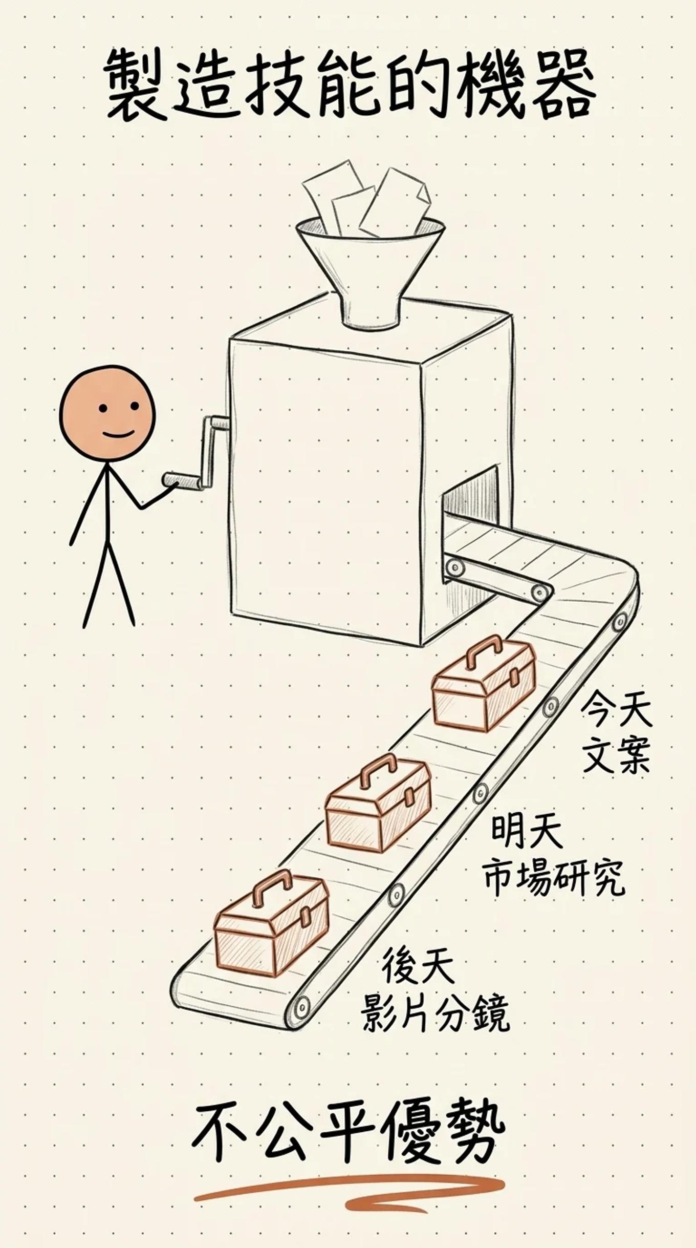 製造技能的機器：火柴人轉動把手，輸送帶依序送出今天的文案、明天的市場研究、後天的影片分鏡三個工具箱，這就是不公平優勢