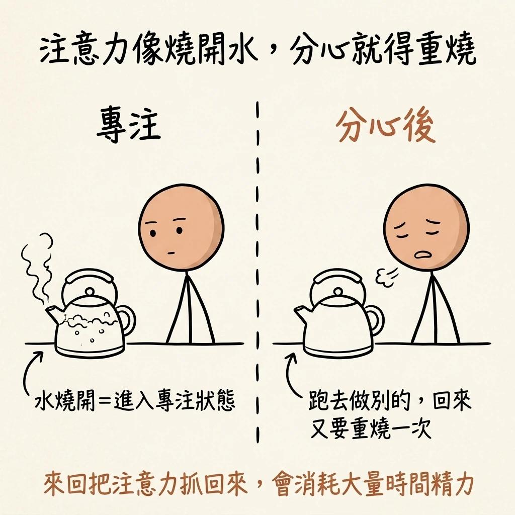 注意力像燒開水分心就得重燒:水燒開等於進入專注狀態,跑去做別的回來又要重燒一次,來回把注意力抓回來會消耗大量時間精力