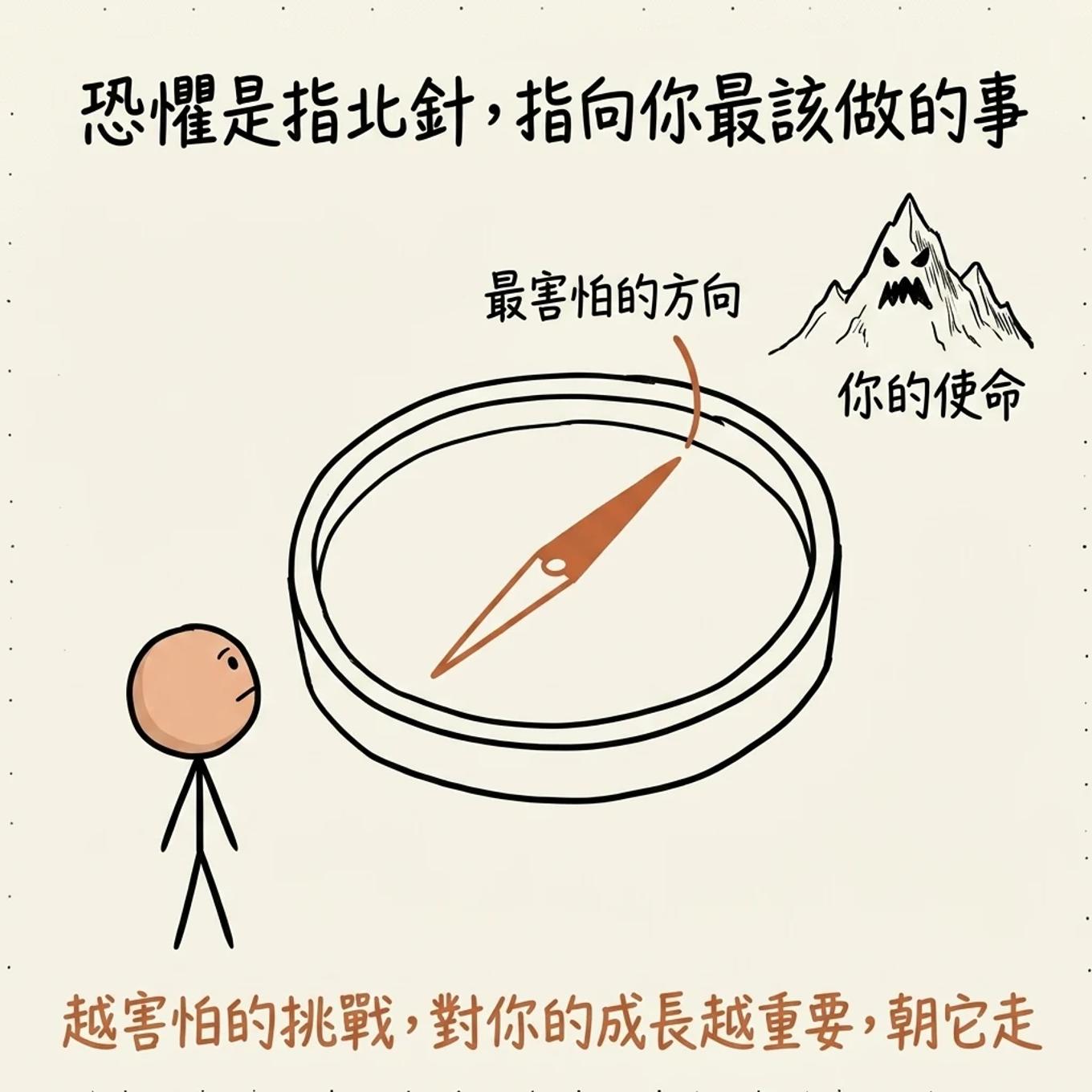 恐懼是指北針指向你最該做的事：最害怕的方向就是你的使命所在，越害怕的挑戰對你的成長越重要朝它走