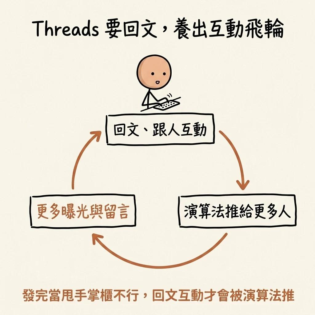 Threads 要回文養出互動飛輪:回文跟人互動讓演算法推給更多人帶來更多曝光與留言,發完當甩手掌櫃不行回文互動才會被演算法推