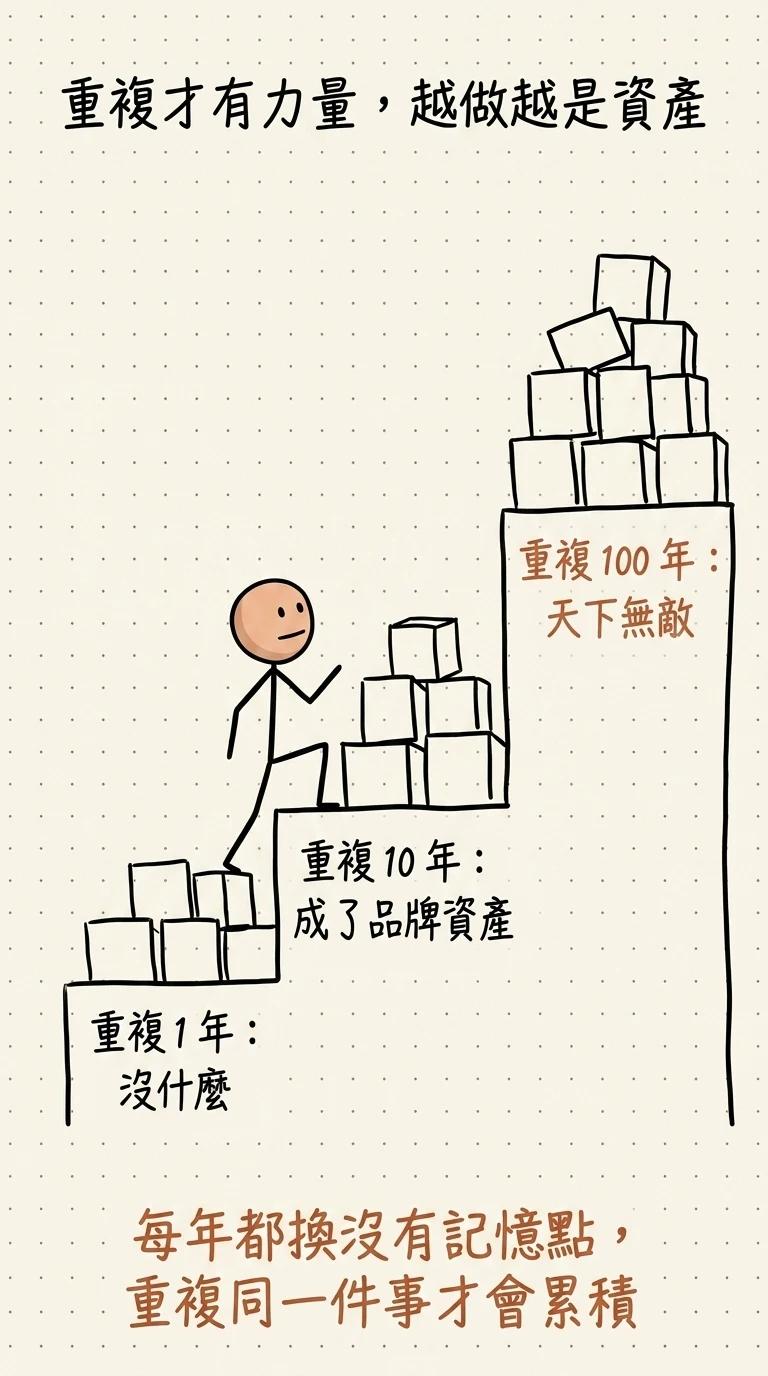 重複才有力量越做越是資產:重複一年沒什麼重複十年成了品牌資產重複一百年天下無敵,每年都換沒有記憶點重複同一件事才會累積
