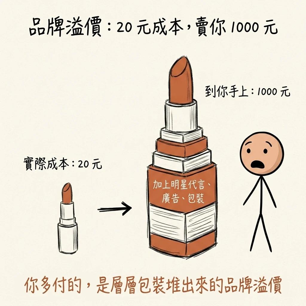 品牌溢價二十元成本賣你一千元:實際成本二十元加上明星代言廣告包裝到你手上變一千元,你多付的是層層包裝堆出來的品牌溢價