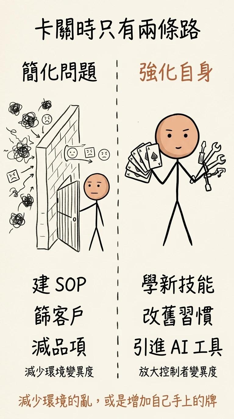 卡關時只有兩條路:簡化問題減少環境變異度,或強化自身放大控制者變異度