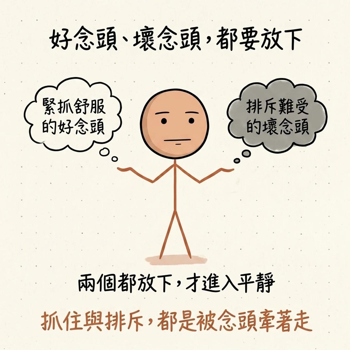 好念頭壞念頭都要放下：緊抓舒服的好念頭和排斥難受的壞念頭兩個都放下才進入平靜，抓住與排斥都是被念頭牽著走