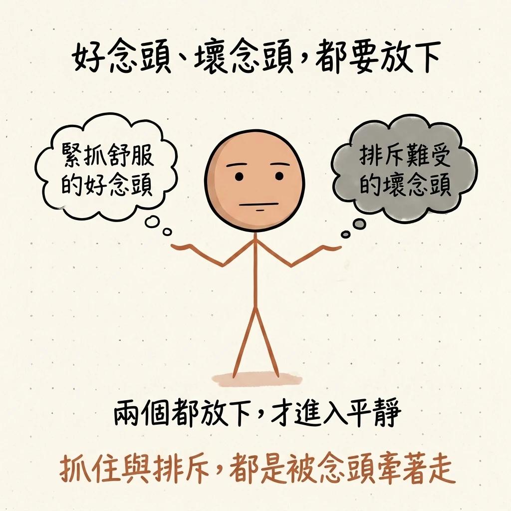 好念頭壞念頭都要放下:緊抓舒服的好念頭和排斥難受的壞念頭兩個都放下才進入平靜,抓住與排斥都是被念頭牽著走