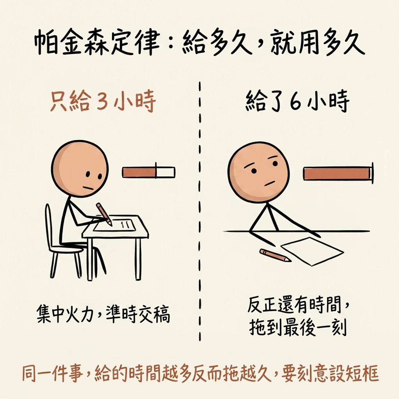 帕金森定律給多久就用多久：只給三小時會集中火力準時交稿給了六小時反正還有時間拖到最後一刻，同一件事給的時間越多反而拖越久要刻意設短框