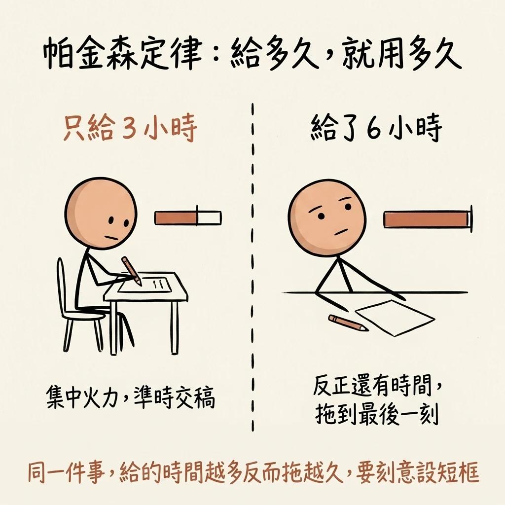 帕金森定律給多久就用多久:只給三小時會集中火力準時交稿給了六小時反正還有時間拖到最後一刻,同一件事給的時間越多反而拖越久要刻意設短框