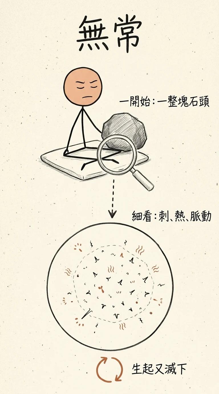 無常:一開始膝蓋的痛像一整塊石頭,用放大鏡細看,石頭散成許多細小的刺、熱、脈動,不停生起又滅下