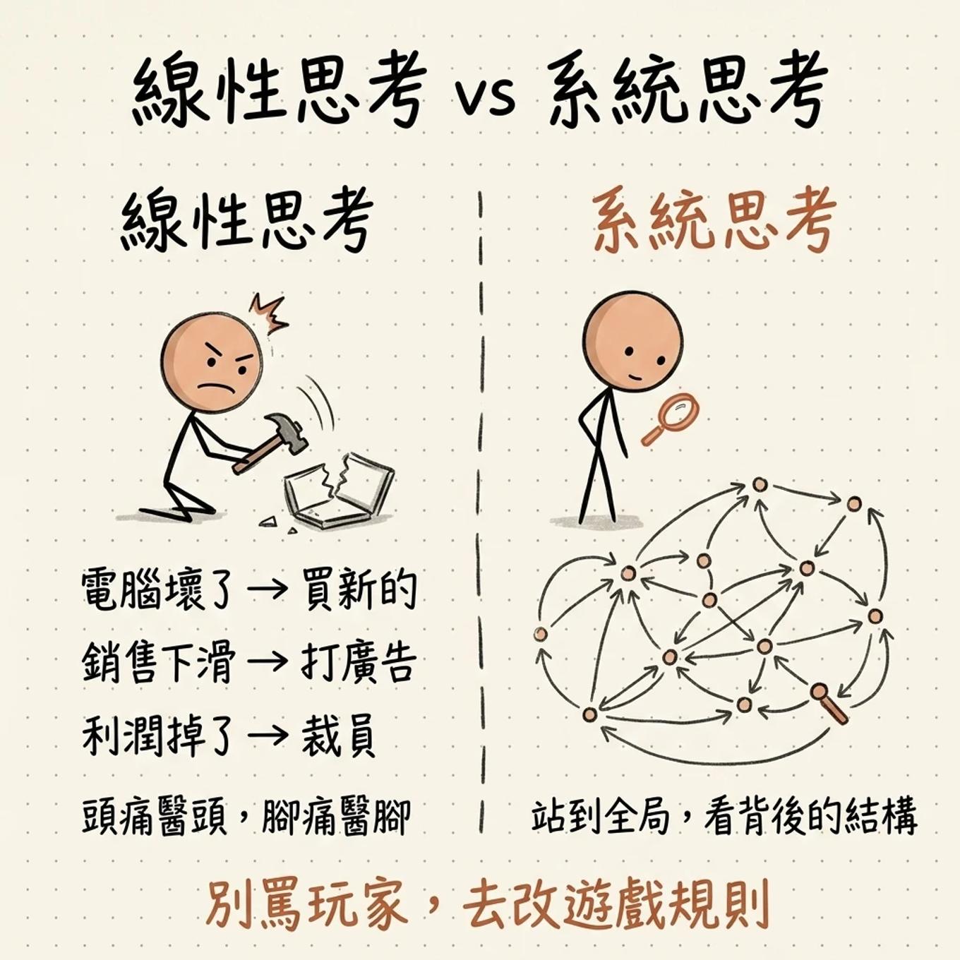 線性思考與系統思考的對比：線性是頭痛醫頭腳痛醫腳，系統是站到全局看背後的結構
