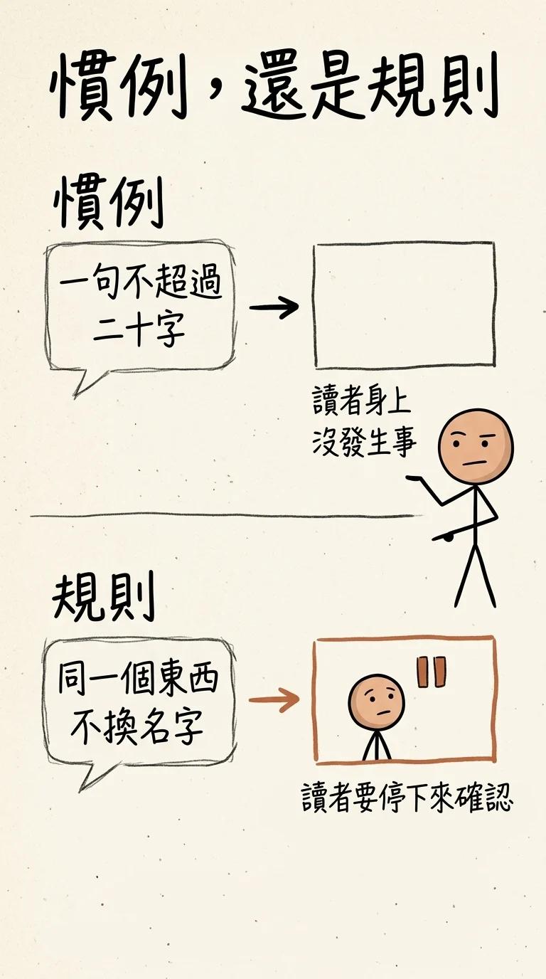慣例還是規則:一句不超過二十字講不出讀者身上發生什麼事,所以是慣例;同一個東西不換名字講得出讀者要停下來確認,所以是規則