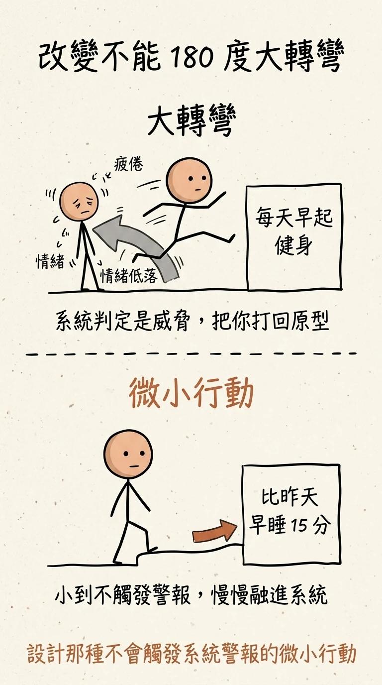 改變不能一百八十度大轉彎:大改變觸發系統警報被打回原型,微小行動小到不觸發警報、慢慢融入