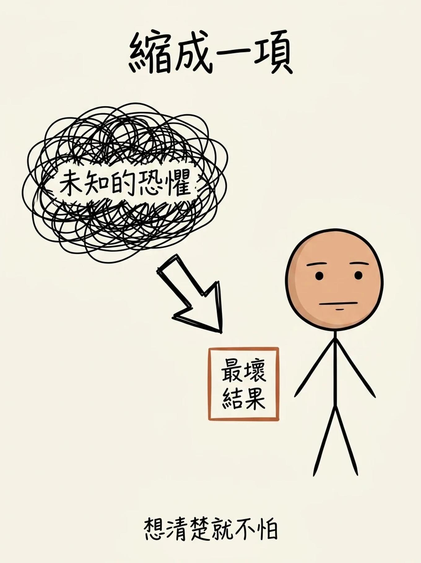 把未知的恐懼縮成一項具體的最壞結果，發現它在可接受範圍內就不再害怕