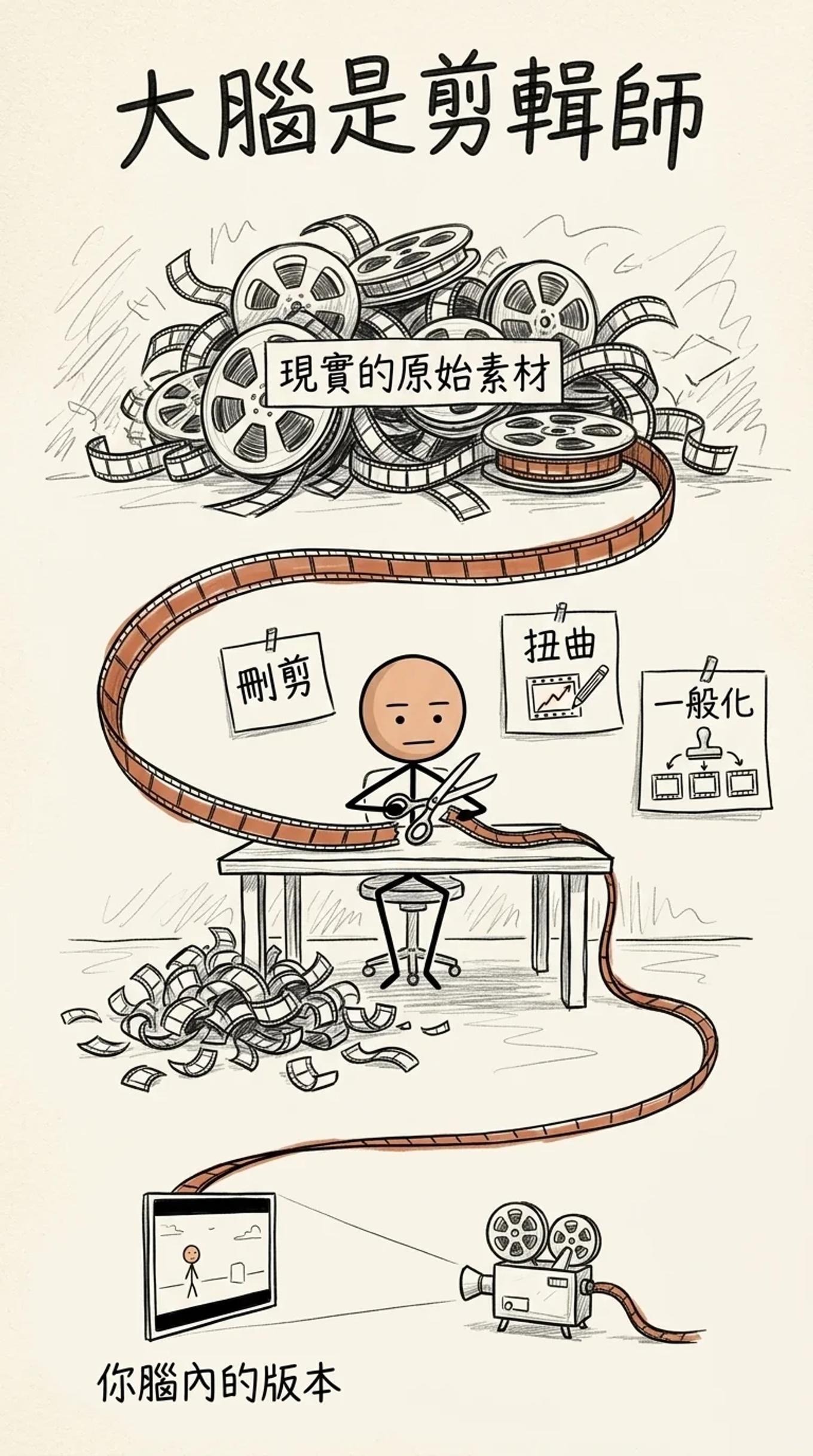 NLP 拍電影比喻：大腦是剪輯師，把大量現實原始素材經過刪剪、扭曲、一般化，剪成你腦內的小小版本
