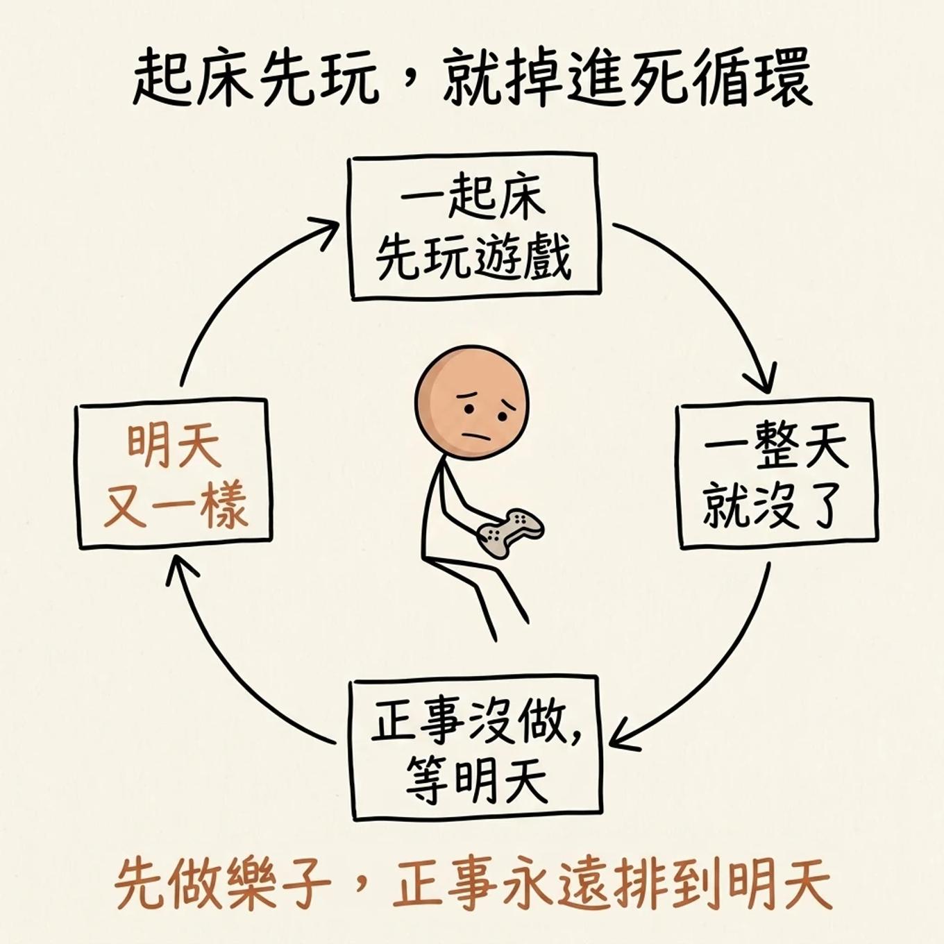 起床先玩就掉進死循環：一起床先玩遊戲、一整天就沒了、正事沒做等明天、明天又一樣，先做樂子正事永遠排到明天