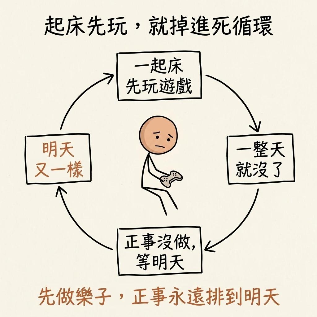 起床先玩就掉進死循環:一起床先玩遊戲、一整天就沒了、正事沒做等明天、明天又一樣,先做樂子正事永遠排到明天
