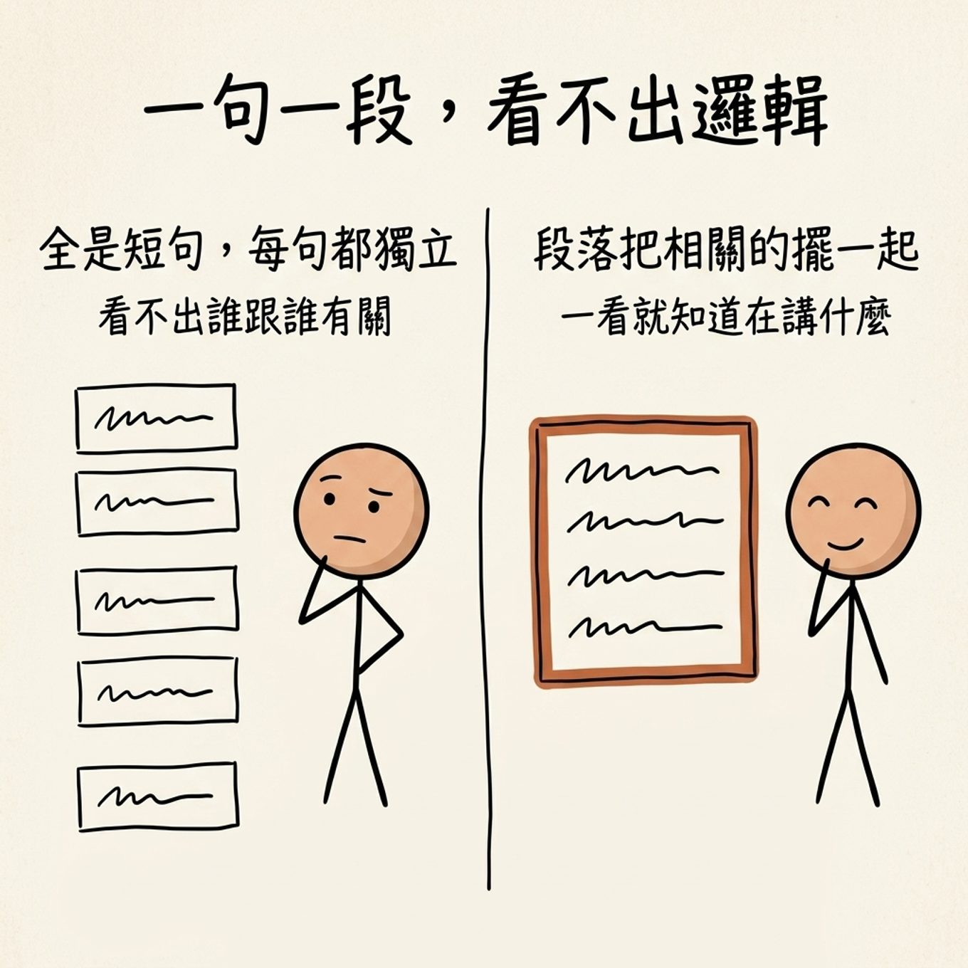 一句一段看不出邏輯：全是短句、每句都獨立，看不出誰跟誰有關；段落把相關的內容擺在一起、框成一段，一看就知道在講什麼