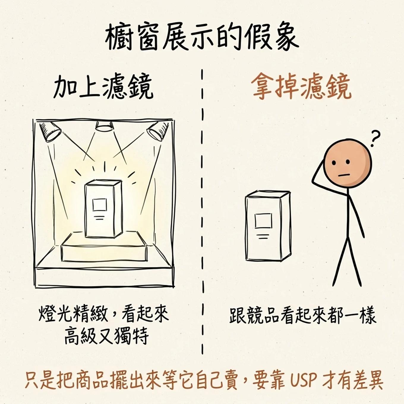 櫥窗展示的假象：加上濾鏡燈光精緻看起來高級又獨特，拿掉濾鏡跟競品看起來都一樣，只是把商品擺出來等它自己賣要靠 USP 才有差異