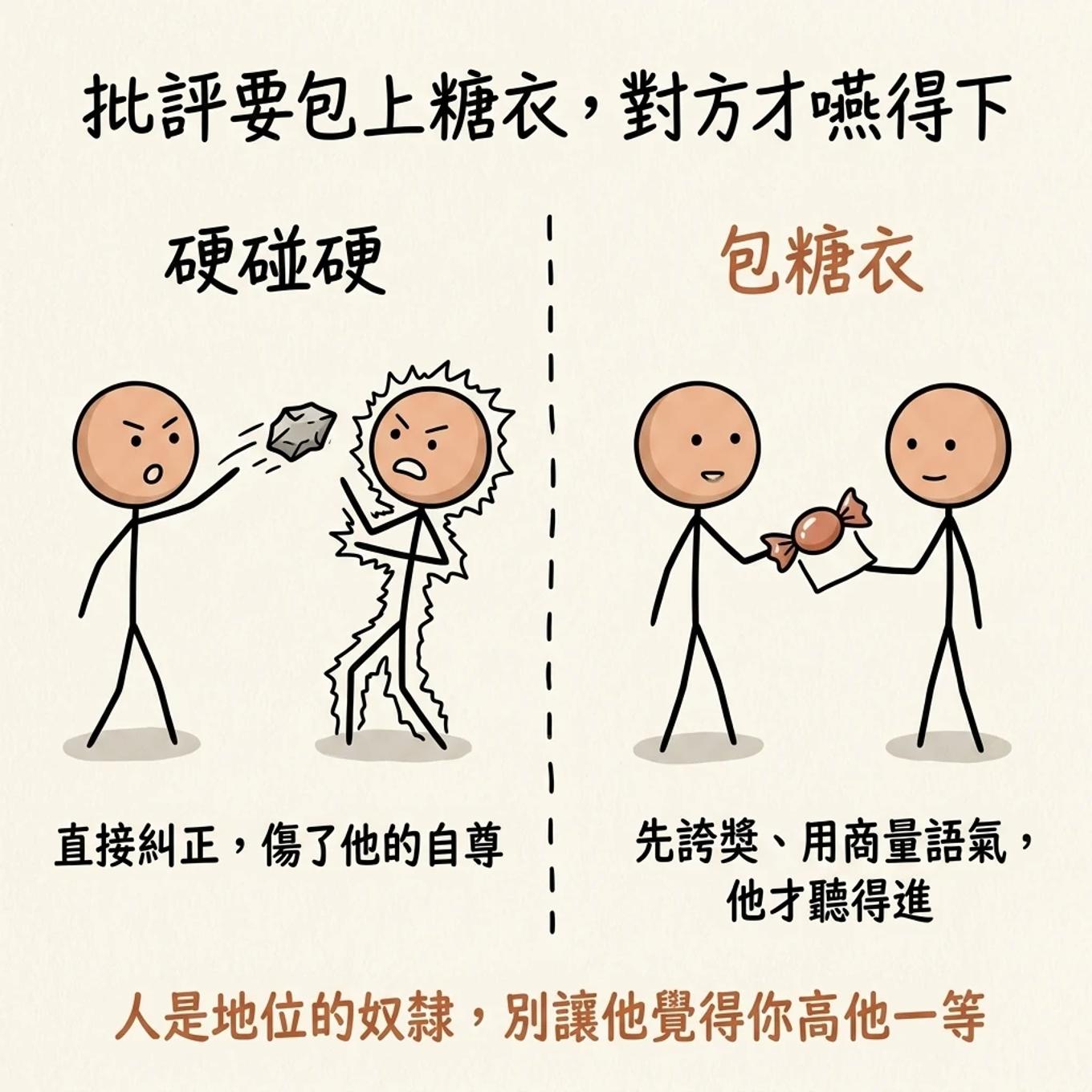 批評要包上糖衣對方才嚥得下：硬碰硬直接糾正傷了他的自尊讓他炸毛防禦，包糖衣先誇獎用商量語氣他才聽得進，人是地位的奴隸別讓他覺得你高他一等