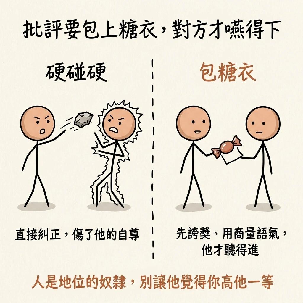 批評要包上糖衣對方才嚥得下:硬碰硬直接糾正傷了他的自尊讓他炸毛防禦,包糖衣先誇獎用商量語氣他才聽得進,人是地位的奴隸別讓他覺得你高他一等