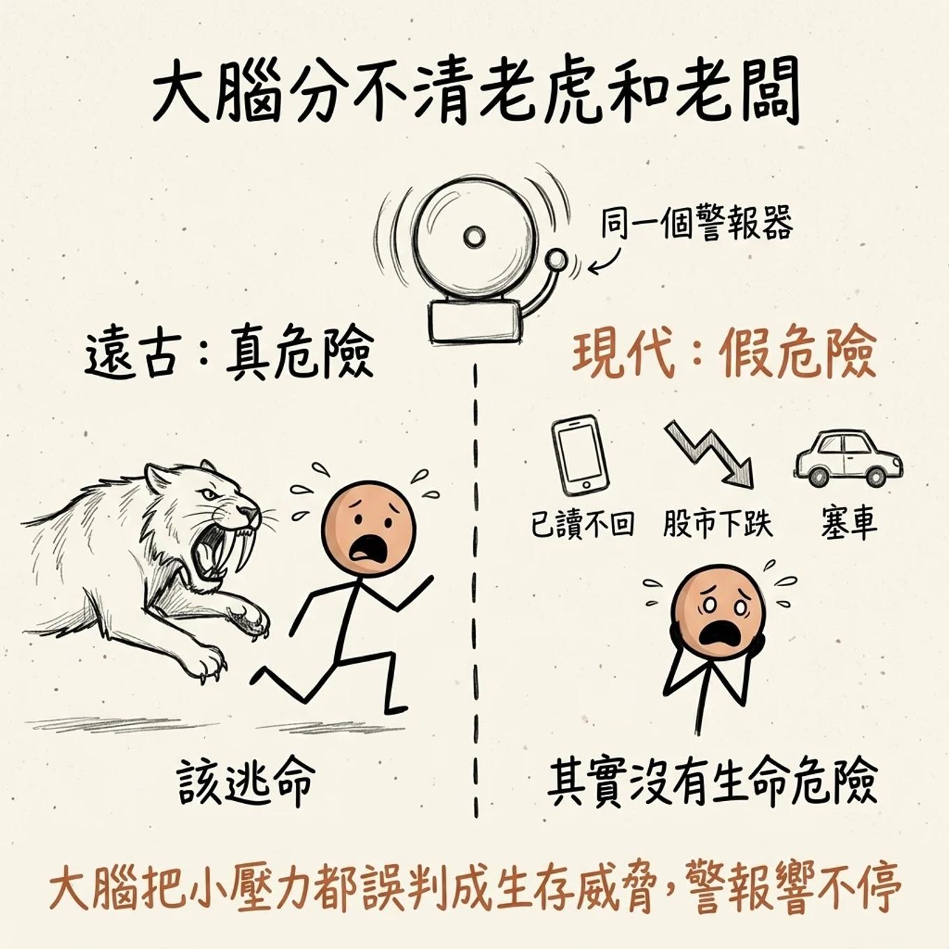 大腦分不清老虎和老闆：同一個警報器，把已讀不回、股市下跌、塞車都誤判成生存威脅