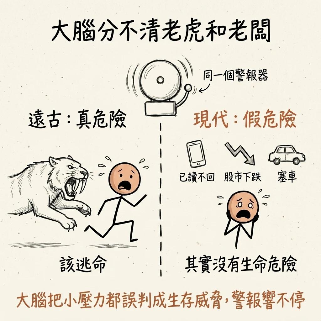 大腦分不清老虎和老闆:同一個警報器,把已讀不回、股市下跌、塞車都誤判成生存威脅