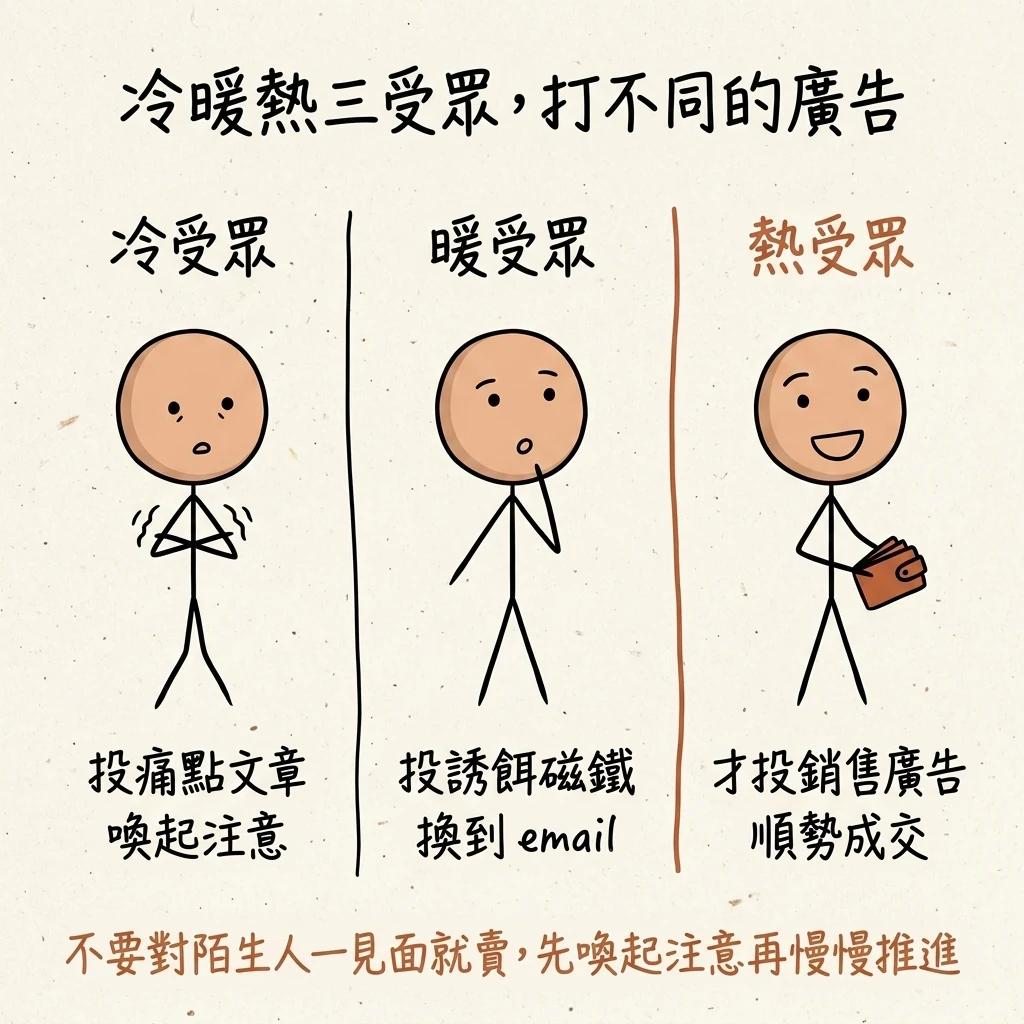 冷暖熱三受眾打不同廣告:冷受眾投痛點文章喚起注意,暖受眾投誘餌磁鐵換到 email,熱受眾才投銷售廣告順勢成交
