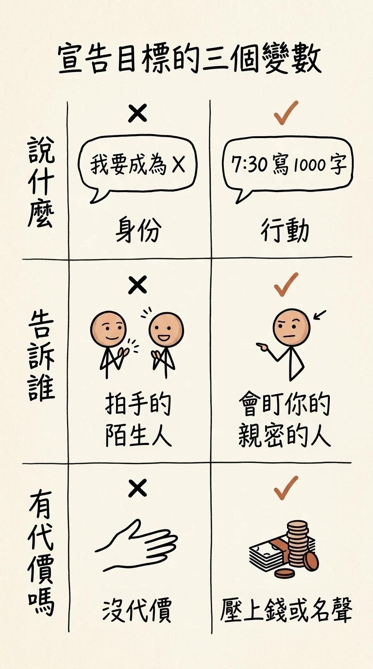 宣告目標的三個變數:說什麼(身份型「我要成為X」是陷阱/行動型「7:30寫1000字」有效)、告訴誰(拍手的陌生人 vs 會盯你的親密的人)、有沒有代價(沒代價 vs 壓上錢或名聲)