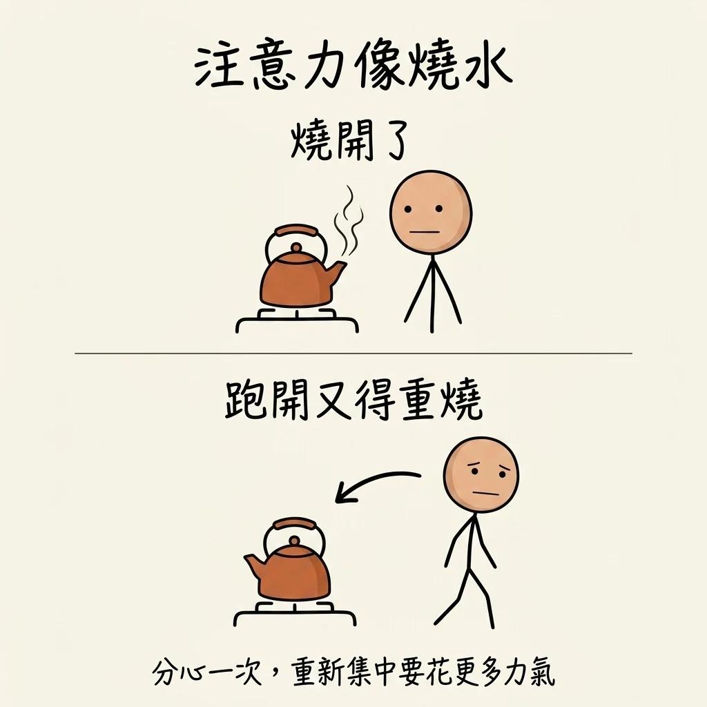 注意力像燒水:水燒開後跑去做別的事,回來想喝熱水又得重新燒一次
