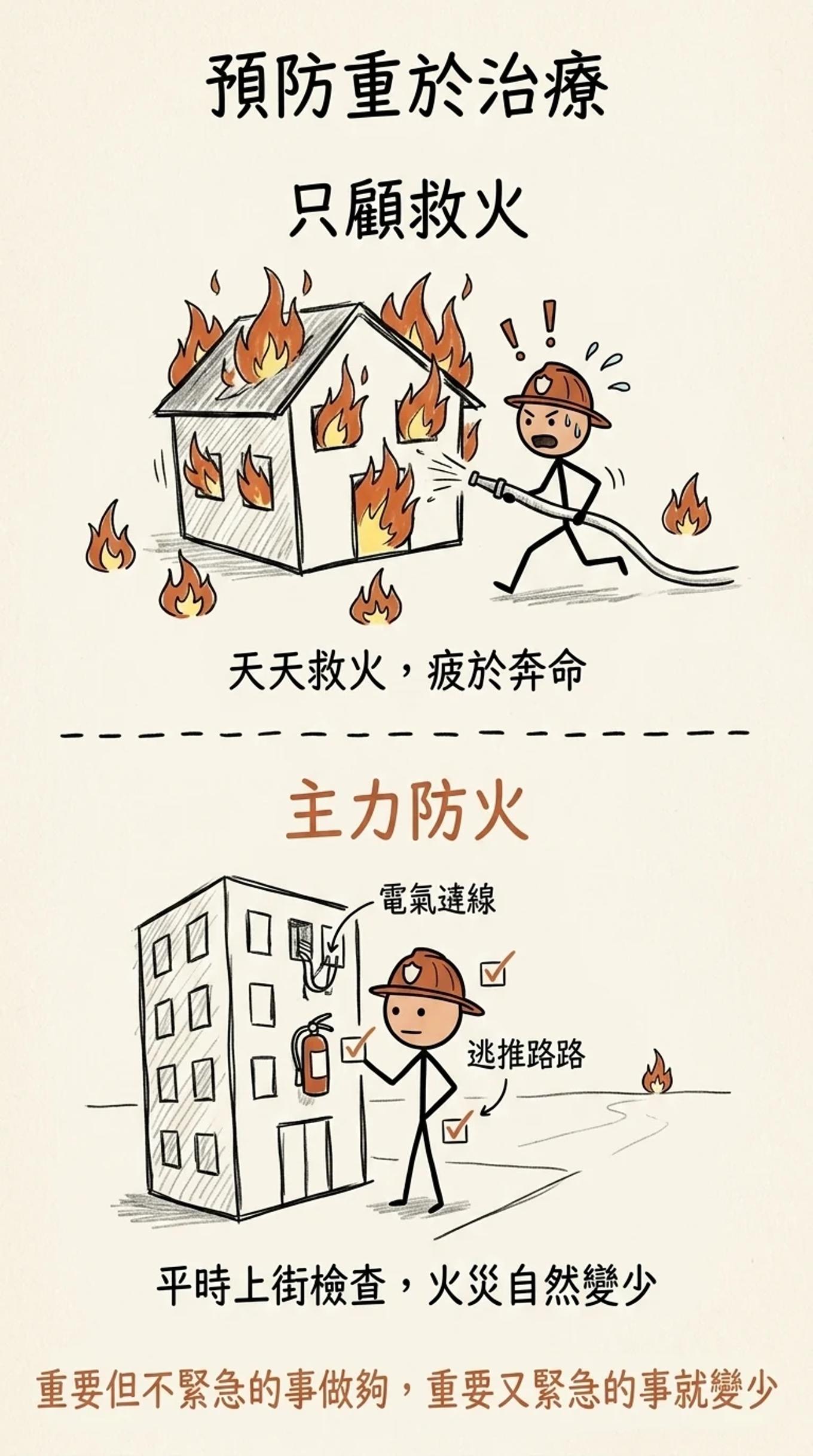 消防隊的正向循環：把時間從救火轉到上街防火檢查，火災機率下降，最後主要工作從救火變成防火