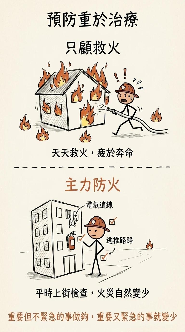 消防隊的正向循環:把時間從救火轉到上街防火檢查,火災機率下降,最後主要工作從救火變成防火