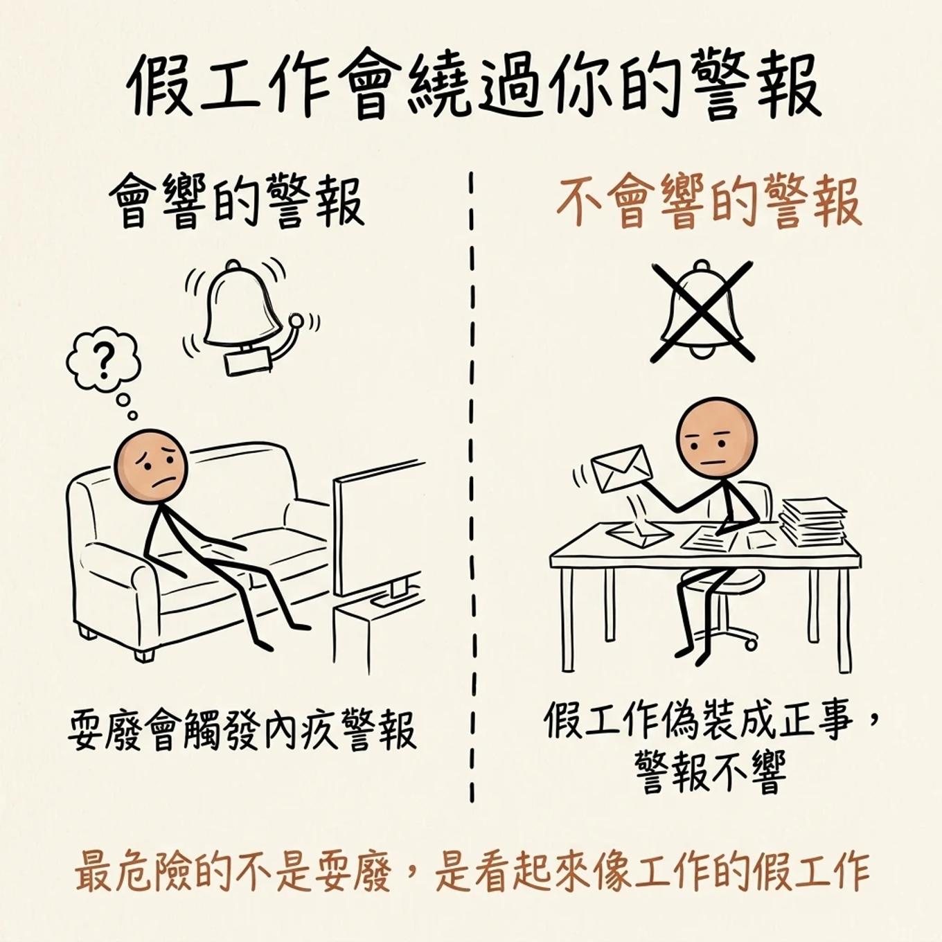假工作的新警報：耍廢會觸發內疚警報，但偽裝成正經工作的假工作繞過警報，悄悄浪費時間
