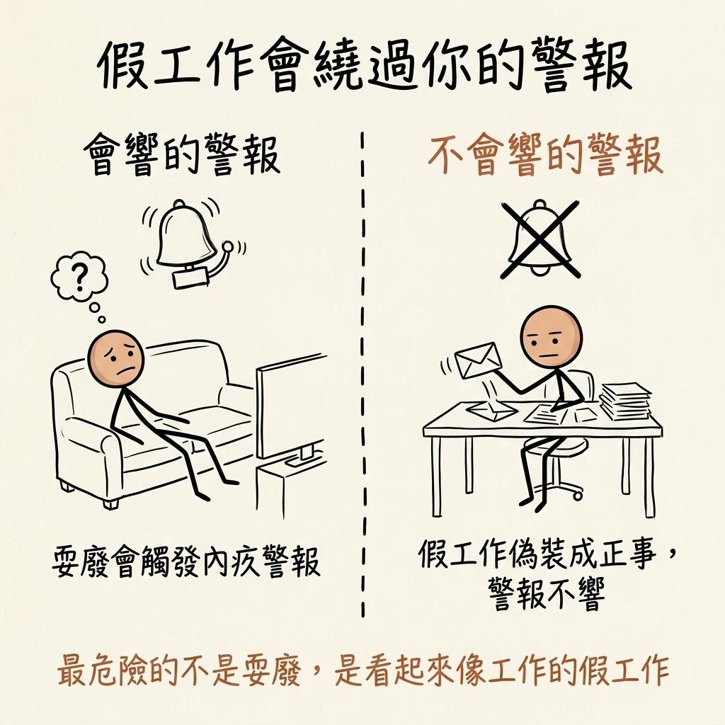 假工作的新警報:耍廢會觸發內疚警報,但偽裝成正經工作的假工作繞過警報,悄悄浪費時間
